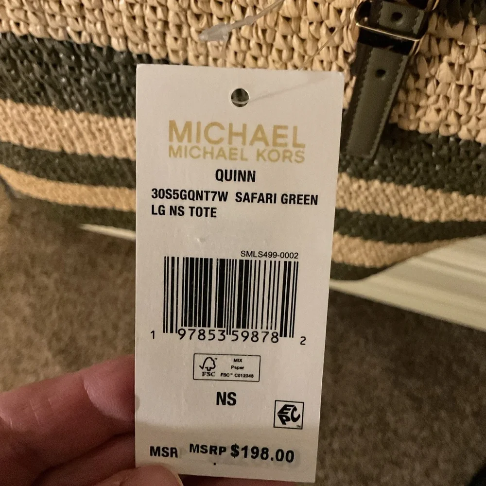 Michael Kors Quinn Straw Tote Large Green Stripe Beach Travel Bag